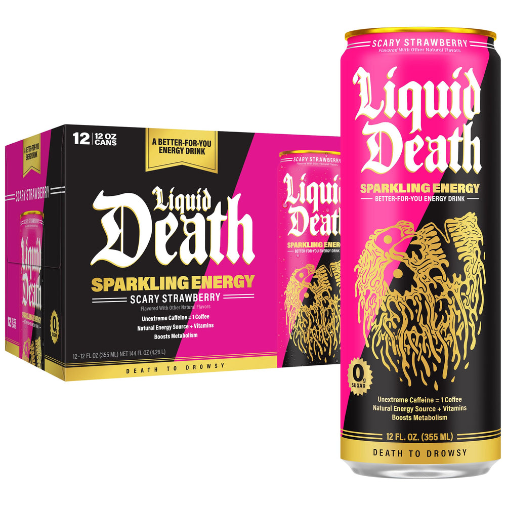 Liquid Death Sparkling Energy bottle with scary strawberry label, low-calorie energy boost.