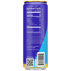 Liquid Death Sparkling Energy Tropical Terror can being poured, emphasizing zero sugar and low calories.