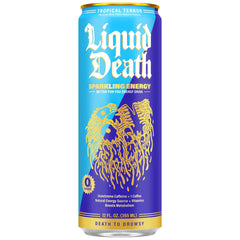 Liquid Death Sparkling Energy Tropical Terror 12-pack display for convenient multi-day usage.