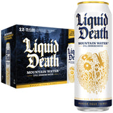 Liquid Death Still Mountain Water ice-cold can delivering crisp hydration on the go.