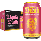 Liquid Death Strawberry Terror can front view, bold flavor with low sugar.