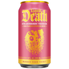 Liquid Death Strawberry Terror can side view, caffeine-free refreshment.