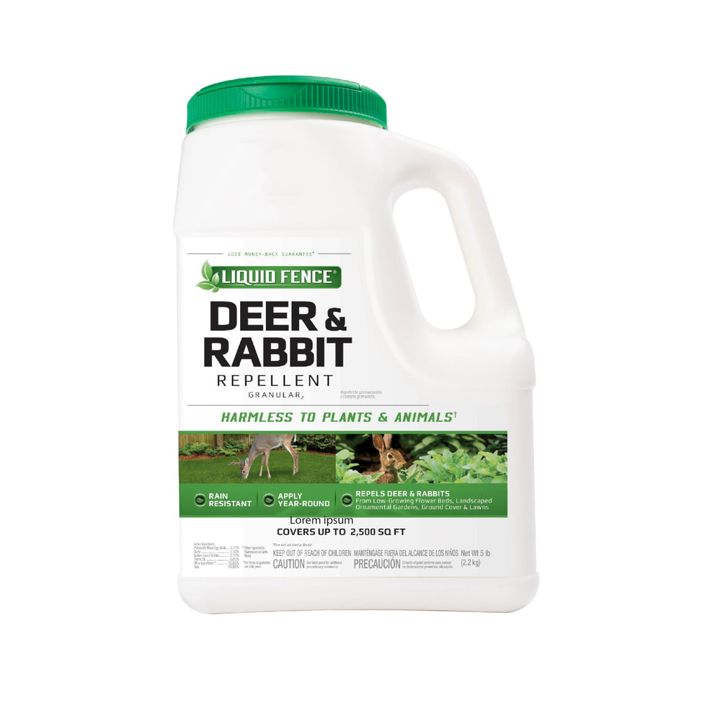 Liquid Fence Deer & Rabbit Repellent Granular 5-lb bag protects garden beds from deer and rabbits.