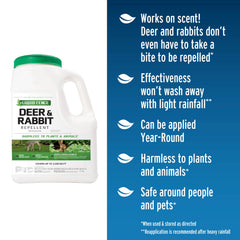 Liquid Fence Deer & Rabbit Repellent Granular being applied around plants to create a scent barrier.