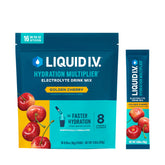 Liquid I.V. Hydration Multiplier Golden Cherry being poured into water for quick hydration.