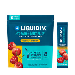 Liquid I.V. Hydration Multiplier Golden Cherry being poured into water for quick hydration.