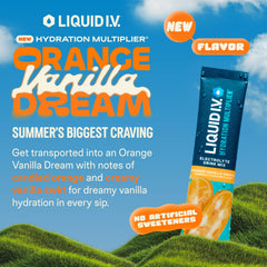 Liquid I.V. Hydration Multiplier orange-vanilla-dream being poured into water for quick refreshment