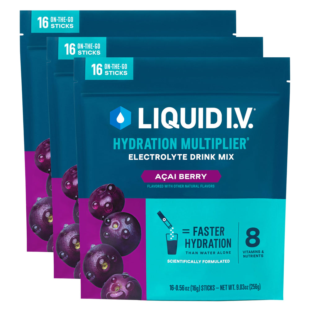 Liquid I.V. Acai Berry powder packet ready for quick hydration.