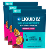 Liquid I.V. Hydration Multiplier Passion Fruit 3-pack on shelf for convenient daily hydration.