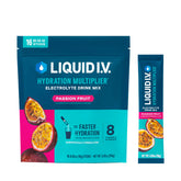 Liquid I.V. Hydration Multiplier Passion Fruit packet dissolves in water for rapid hydration.