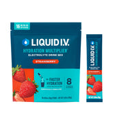Liquid I.V. Hydration Multiplier Strawberry packet dissolving in water for quick refreshment.