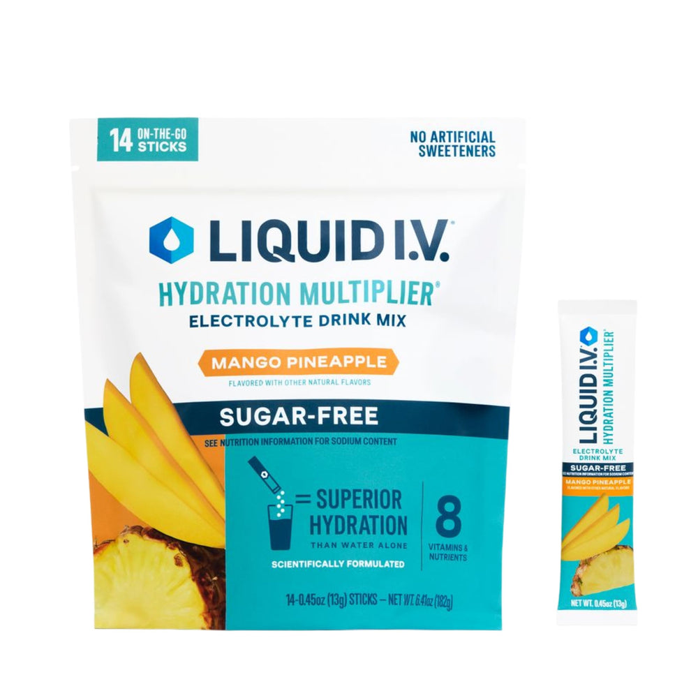 Liquid I.V. Hydration Multiplier Sugar-Free Mango Pineapple bottle being poured for quick hydration