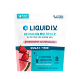 Liquid I.V. Hydration Multiplier sugar-free strawberry watermelon packet dissolving in water for refreshment