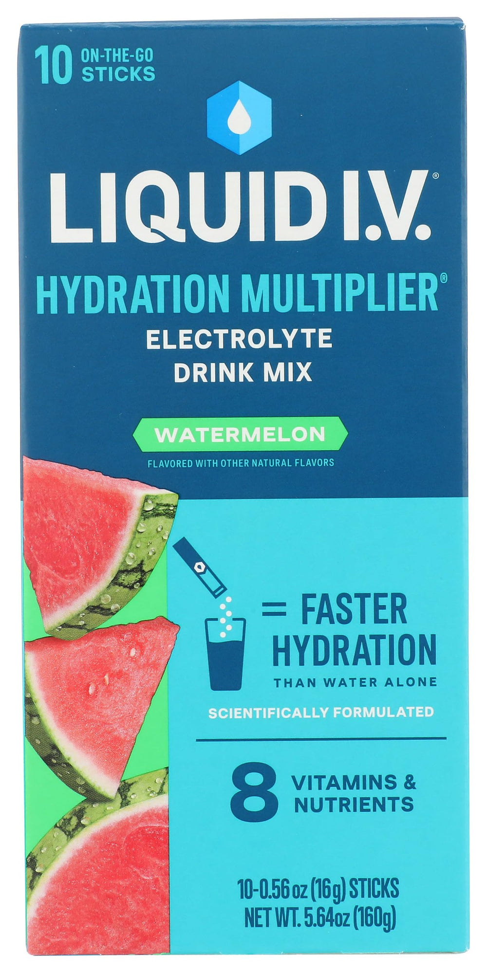 Liquid I.V. Watermelon hydration mix front pack promotes on-the-go hydration.