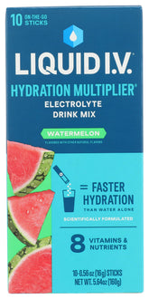 Liquid I.V. Watermelon hydration mix front pack promotes on-the-go hydration.