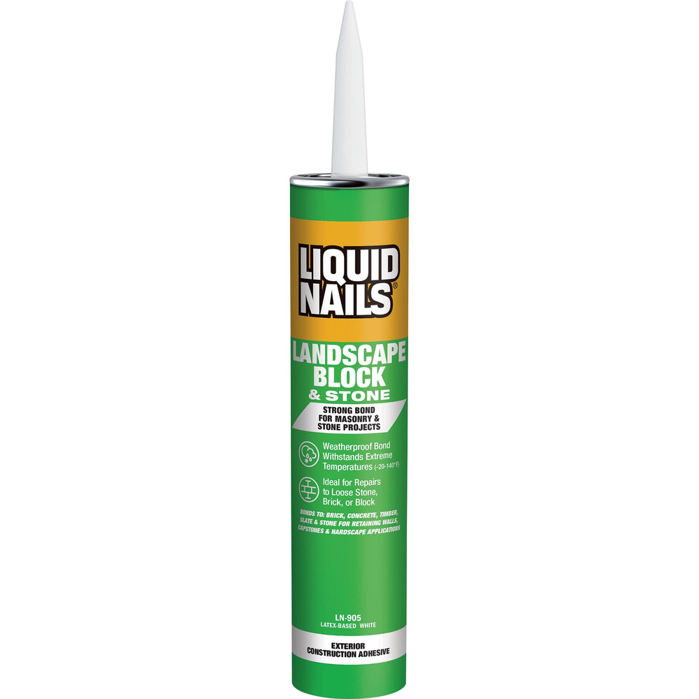 Liquid Nails LN-905 landscape adhesive bottle bonds blocks and stones for sturdy garden walls.
