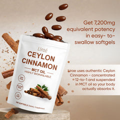 LIRAE Ceylon Cinnamon SoftGels pour view shows easy-to-swallow capsule for daily routines.