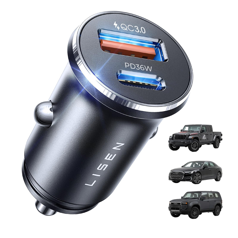 LISEN 69W dual USB-C car charger on the dash enables fast charging on the go.