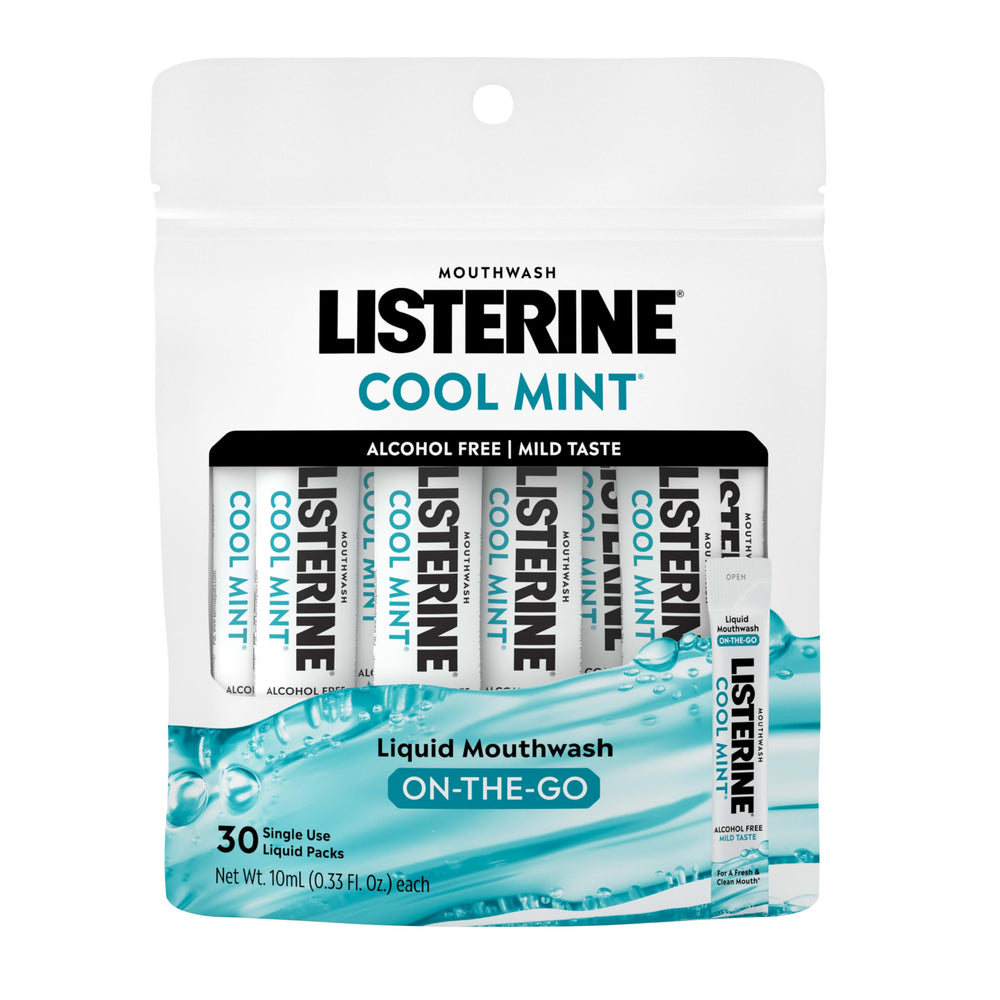 Listerine On-The-Go Cool Mint packet for quick, alcohol-free freshness anywhere.