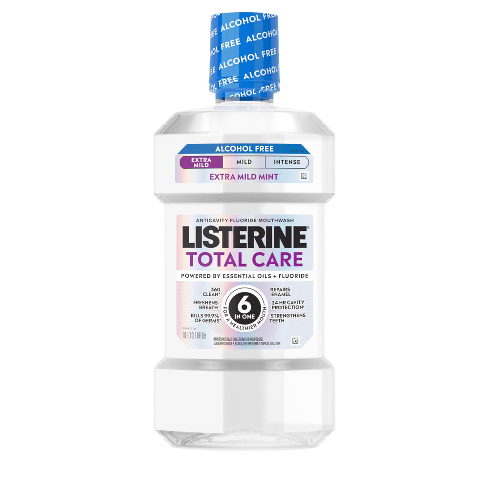 Listerine Total Care alcohol-free bottle highlights 99.9% germ reduction for fresh breath.