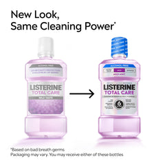 Front label of Listerine Total Care Alcohol-Free Mild Mouthwash highlighting six benefits