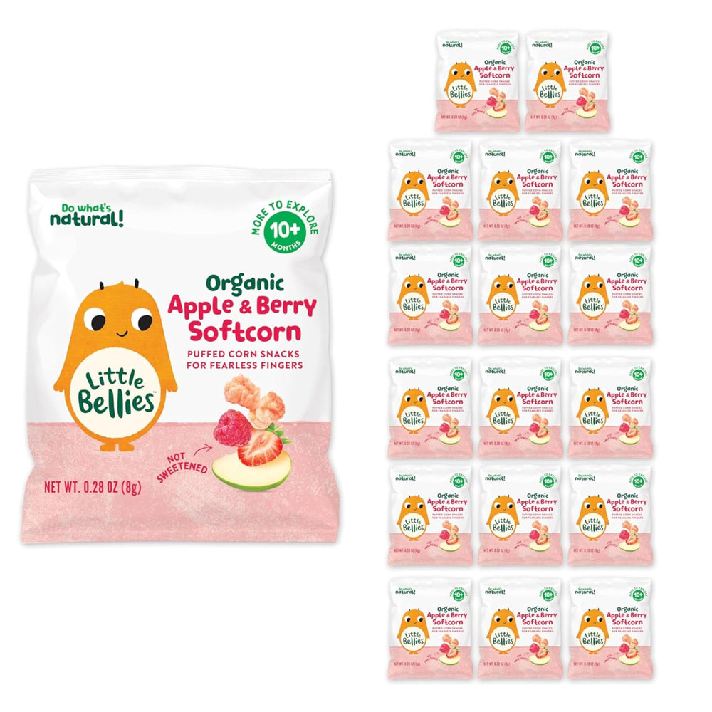 Little Bellies Apple & Berry Softcorn front-pack for babies.