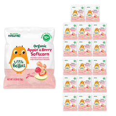 Little Bellies Apple & Berry Softcorn front-pack for babies.