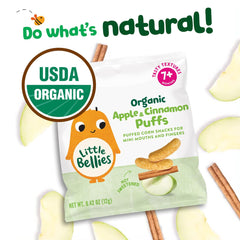 Closeup texture of Little Bellies Apple Cinnamon Puffs showing crisp, melts-in-mouth quality.