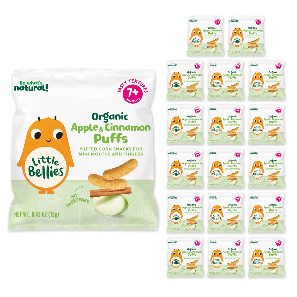 Little Bellies Apple Cinnamon Puffs packfront, grab-and-go baby snack for tiny hands.