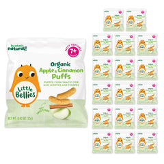 Little Bellies Apple Cinnamon Puffs packfront, grab-and-go baby snack for tiny hands.