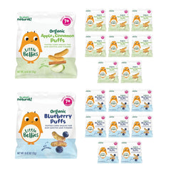 Little Bellies blueberry-apple-cinnamon puffs pack ideal for self-feeding on the go