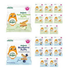 Little Bellies blueberry-apple-cinnamon puffs pack ideal for self-feeding on the go