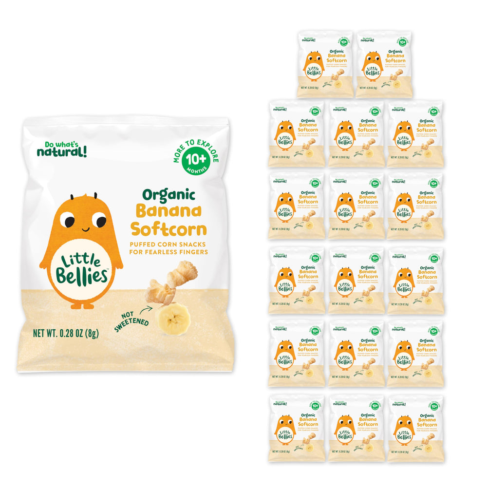 Little Bellies Organic Banana Softcorn snack in hero image promoting safe self-feeding