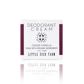Little Seed Farm Cedar Vanilla deodorant cream jar shows natural, aluminum-free formula.
