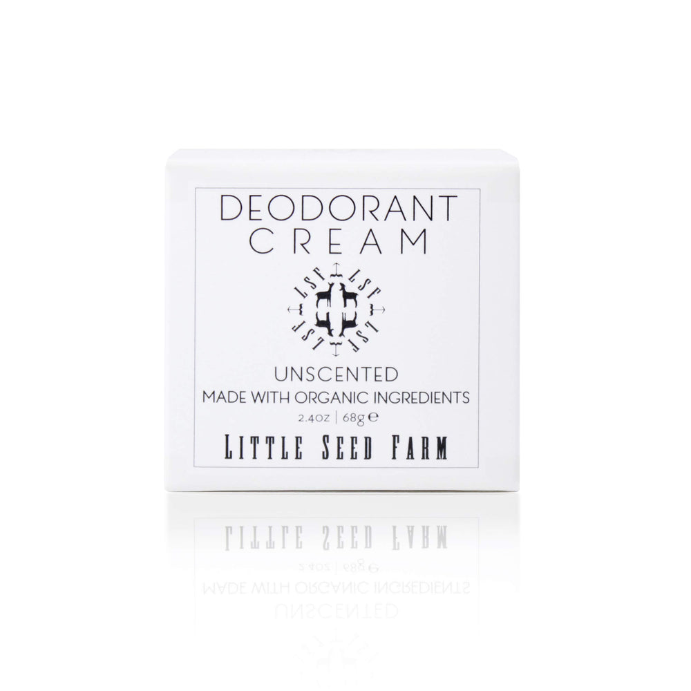 Little Seed Farm deodorant cream unscented jar close-up showing silky texture for sensitive skin.
