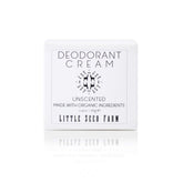 Little Seed Farm deodorant cream unscented jar close-up showing silky texture for sensitive skin.