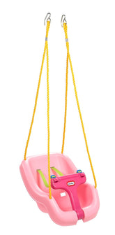 Little Tikes Snug 'n Secure Swing demonstrates a comfy baby seat with secure T-bar for easy loading.