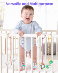 LittleHugs pacifier clip with orange strap keeps pacifier within reach.