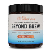 Live Conscious Beyond Brew Vanilla Latte bottle showing mushroom blend for steady focus