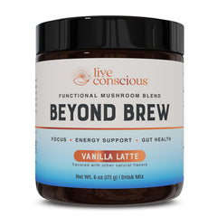 Live Conscious Beyond Brew Vanilla Latte bottle showing mushroom blend for steady focus