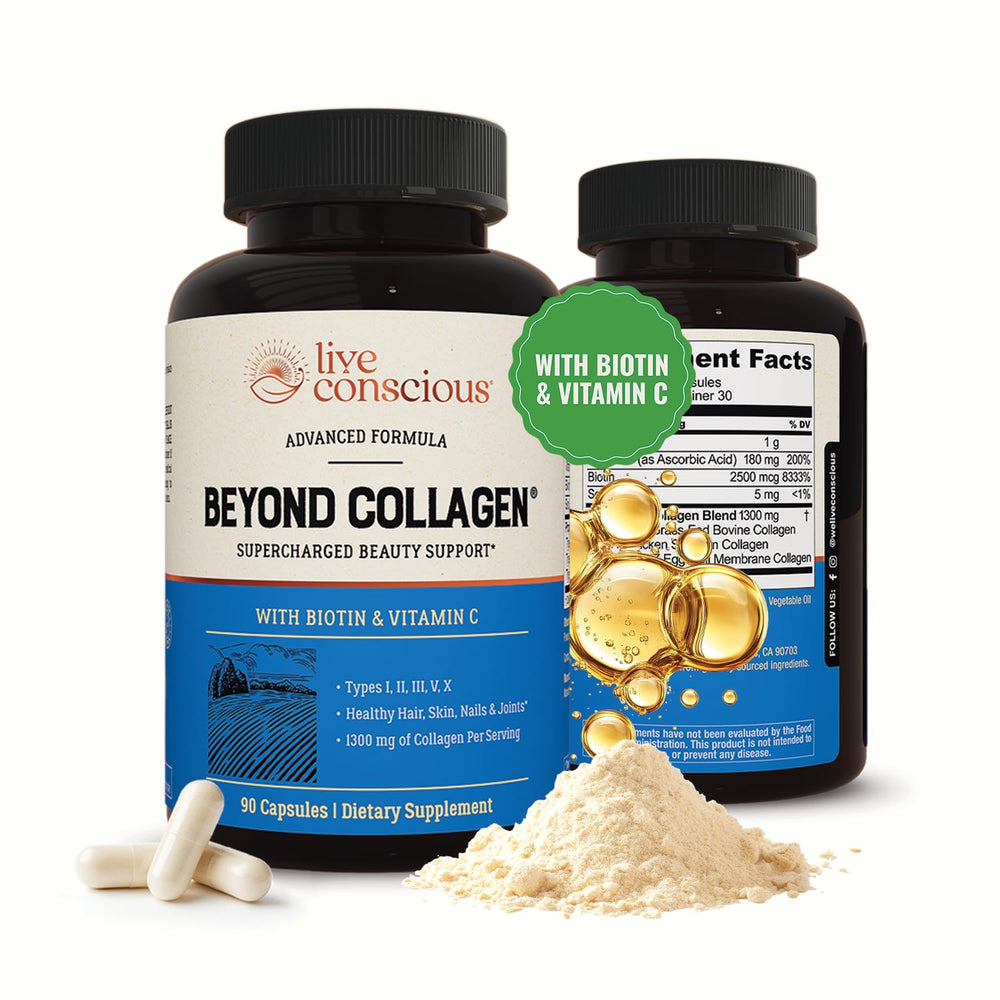 Live Conscious Beyond Collagen bottle front showing multi-type collagen for skin and hair support.