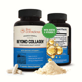 Live Conscious Beyond Collagen bottle front showing multi-type collagen for skin and hair support.