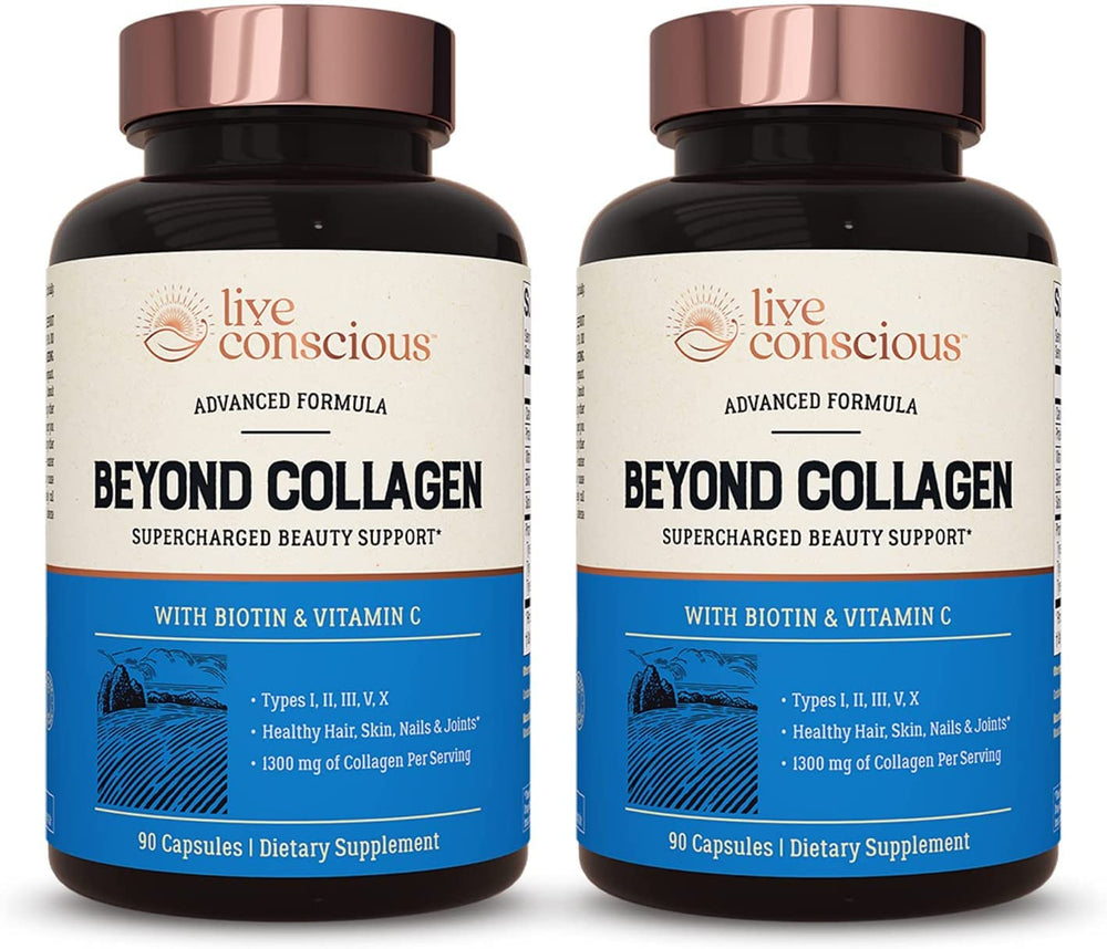 Live Conscious Beyond Collagen capsules bottle front promoting healthy hair, skin, and nails