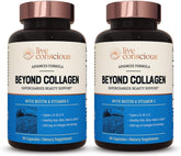 Live Conscious Beyond Collagen capsules bottle front promoting healthy hair, skin, and nails