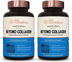 Live Conscious Beyond Collagen capsules bottle front promoting healthy hair, skin, and nails