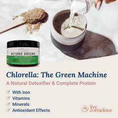 Live Conscious Beyond Greens packaging on a store shelf emphasizes digestive comfort and clean energy.