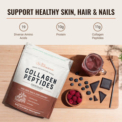 Live Conscious Collagen Chocolate pour glass shows easy mixing for daily beauty support.