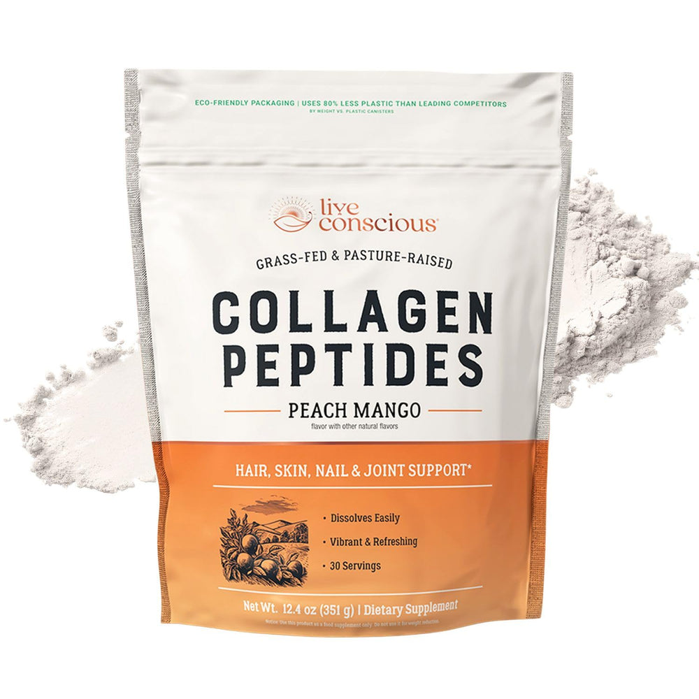 Live Conscious Collagen Peptides peach mango bottle shows premium skin, hair, nails support.