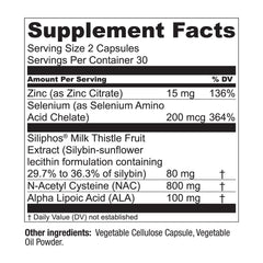 Live Conscious LiverWell bottle label closeup showing antioxidant support details.