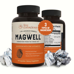 Live Conscious Magwell bottle close-up showing capsules for daily bone and immune support